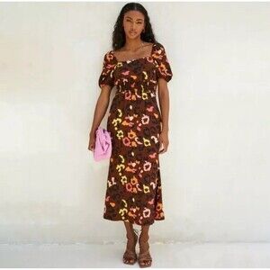 Never Fully Dressed Brown Animal Print Clara Midi Dress Womens 4 Revolve